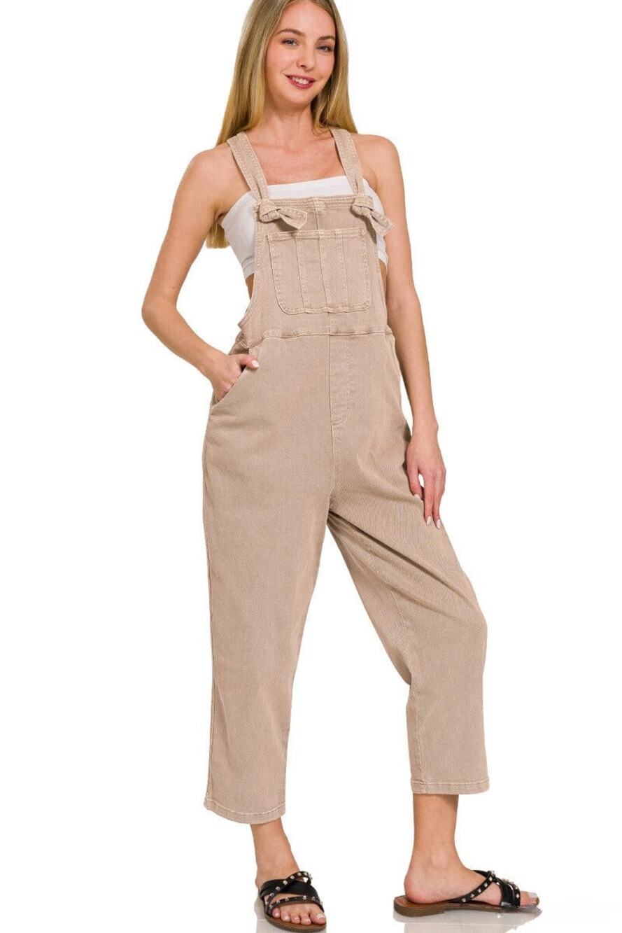 Zenana NWT Hazen Knot Strap Overalls Jumpsuit Sz M Tan Beige Womens